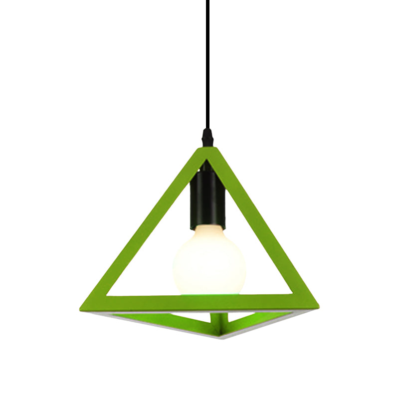 1 Light Metal Hanging Lamp Retro Stylish Red/Blue Triangle Cage Shade Pendant Lighting Fixture for Living Room Clearhalo 'Ceiling Lights' 'Modern Pendants' 'Modern' 'Pendant Lights' 'Pendants' Lighting' 1418304