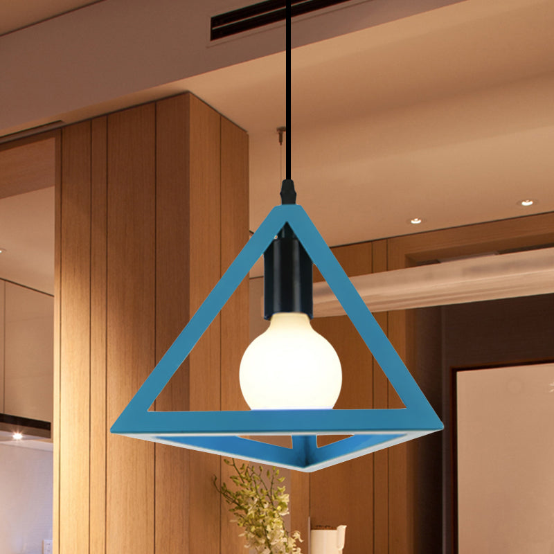 1 Light Metal Hanging Lamp Retro Stylish Red/Blue Triangle Cage Shade Pendant Lighting Fixture for Living Room Blue Clearhalo 'Ceiling Lights' 'Modern Pendants' 'Modern' 'Pendant Lights' 'Pendants' Lighting' 1418305