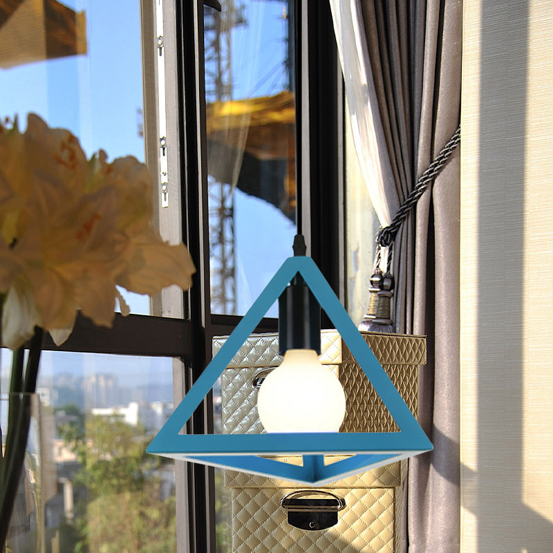 1 Light Metal Hanging Lamp Retro Stylish Red/Blue Triangle Cage Shade Pendant Lighting Fixture for Living Room Clearhalo 'Ceiling Lights' 'Modern Pendants' 'Modern' 'Pendant Lights' 'Pendants' Lighting' 1418306