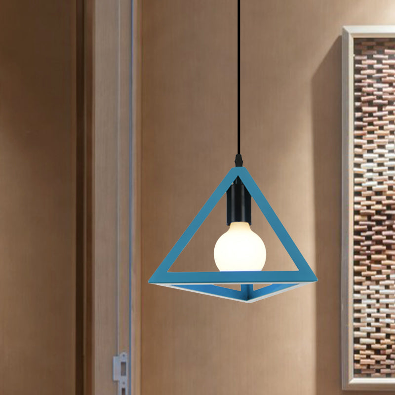 1 Light Metal Hanging Lamp Retro Stylish Red/Blue Triangle Cage Shade Pendant Lighting Fixture for Living Room Clearhalo 'Ceiling Lights' 'Modern Pendants' 'Modern' 'Pendant Lights' 'Pendants' Lighting' 1418307