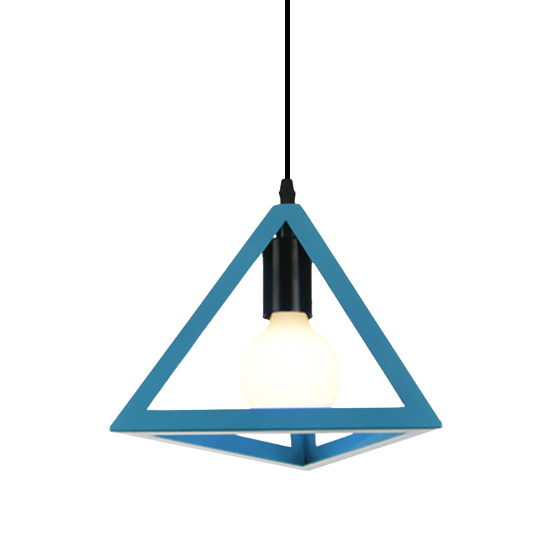 1 Light Metal Hanging Lamp Retro Stylish Red/Blue Triangle Cage Shade Pendant Lighting Fixture for Living Room Clearhalo 'Ceiling Lights' 'Modern Pendants' 'Modern' 'Pendant Lights' 'Pendants' Lighting' 1418308