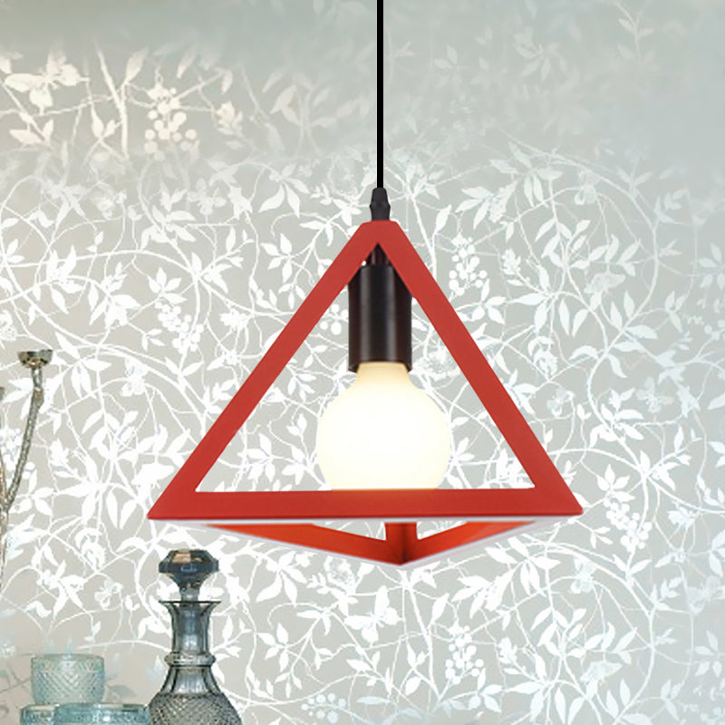 1 Light Metal Hanging Lamp Retro Stylish Red/Blue Triangle Cage Shade Pendant Lighting Fixture for Living Room Red Clearhalo 'Ceiling Lights' 'Modern Pendants' 'Modern' 'Pendant Lights' 'Pendants' Lighting' 1418309