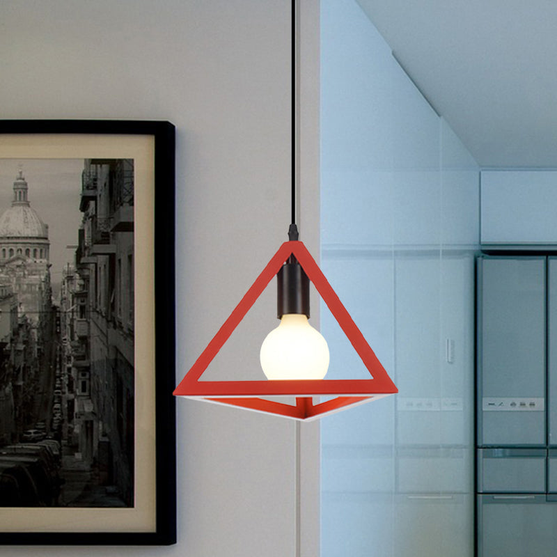 1 Light Metal Hanging Lamp Retro Stylish Red/Blue Triangle Cage Shade Pendant Lighting Fixture for Living Room Clearhalo 'Ceiling Lights' 'Modern Pendants' 'Modern' 'Pendant Lights' 'Pendants' Lighting' 1418310