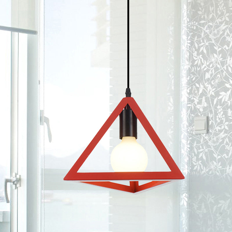 1 Light Metal Hanging Lamp Retro Stylish Red/Blue Triangle Cage Shade Pendant Lighting Fixture for Living Room Clearhalo 'Ceiling Lights' 'Modern Pendants' 'Modern' 'Pendant Lights' 'Pendants' Lighting' 1418311