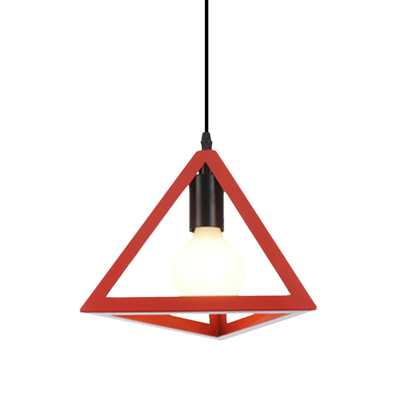 1 Light Metal Hanging Lamp Retro Stylish Red/Blue Triangle Cage Shade Pendant Lighting Fixture for Living Room Clearhalo 'Ceiling Lights' 'Modern Pendants' 'Modern' 'Pendant Lights' 'Pendants' Lighting' 1418312