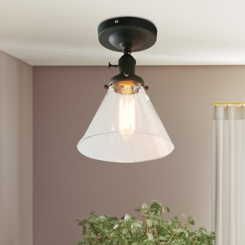 Black 1-Bulb Ceiling Lighting Industrial Clear Glass Cone Shade Semi Flush Light for Living Room Clearhalo 'Ceiling Lights' 'Close To Ceiling Lights' 'Close to ceiling' 'Glass shade' 'Glass' 'Semi-flushmount' Lighting' 1418313