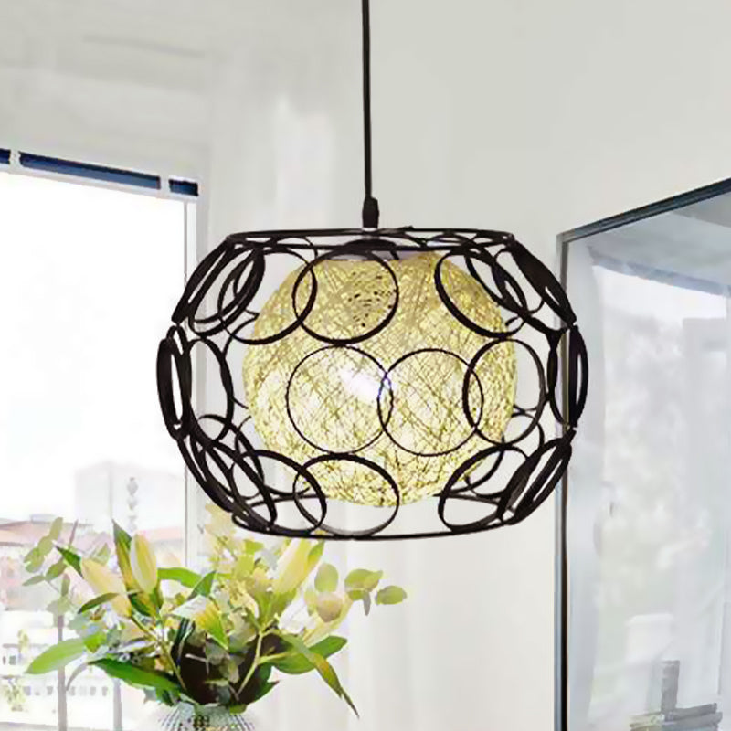 Global Metal Hanging Lamp Loft 1 Head Indoor Pendant Light Fixture with Wire Guard and Weave Ball Shade in White/Green, 10"/12.5" W Black Clearhalo 'Ceiling Lights' 'Modern Pendants' 'Modern' 'Pendant Lights' 'Pendants' Lighting' 1418314