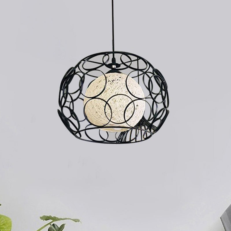 Global Metal Hanging Lamp Loft 1 Head Indoor Pendant Light Fixture with Wire Guard and Weave Ball Shade in White/Green, 10"/12.5" W Clearhalo 'Ceiling Lights' 'Modern Pendants' 'Modern' 'Pendant Lights' 'Pendants' Lighting' 1418315