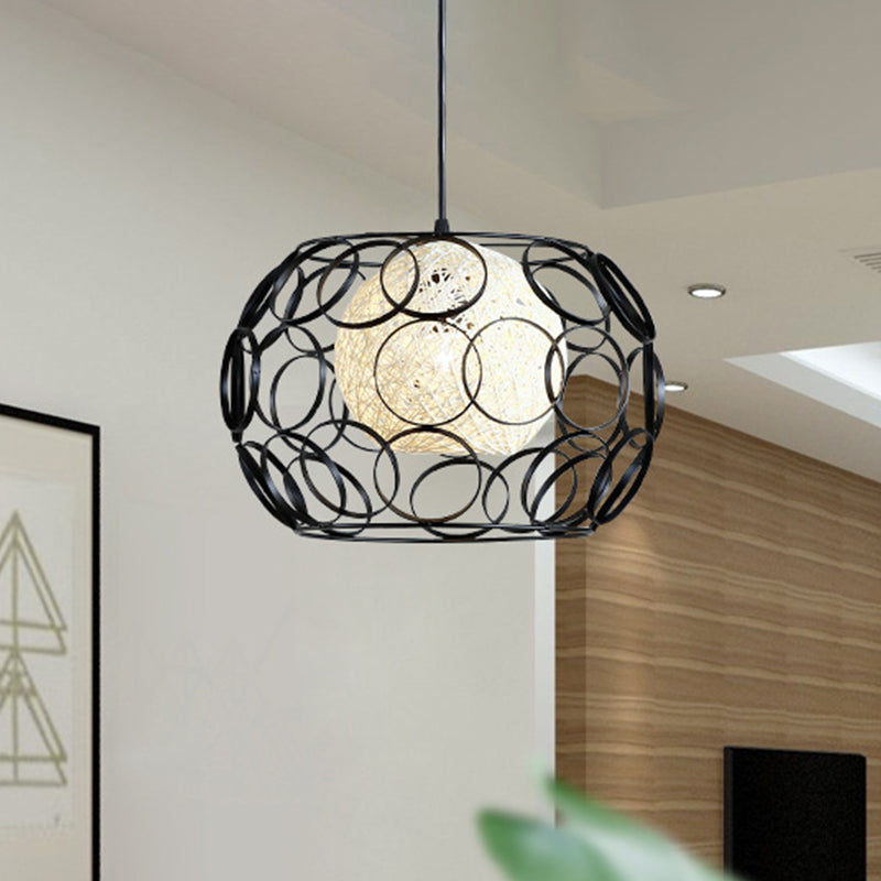 Global Metal Hanging Lamp Loft 1 Head Indoor Pendant Light Fixture with Wire Guard and Weave Ball Shade in White/Green, 10"/12.5" W Clearhalo 'Ceiling Lights' 'Modern Pendants' 'Modern' 'Pendant Lights' 'Pendants' Lighting' 1418316