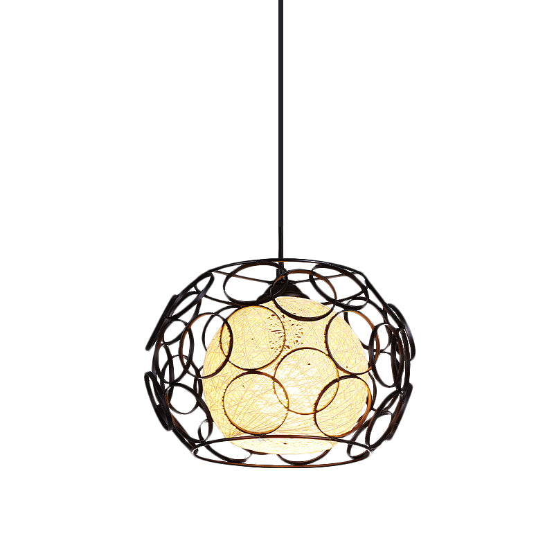 Global Metal Hanging Lamp Loft 1 Head Indoor Pendant Light Fixture with Wire Guard and Weave Ball Shade in White/Green, 10"/12.5" W Clearhalo 'Ceiling Lights' 'Modern Pendants' 'Modern' 'Pendant Lights' 'Pendants' Lighting' 1418317