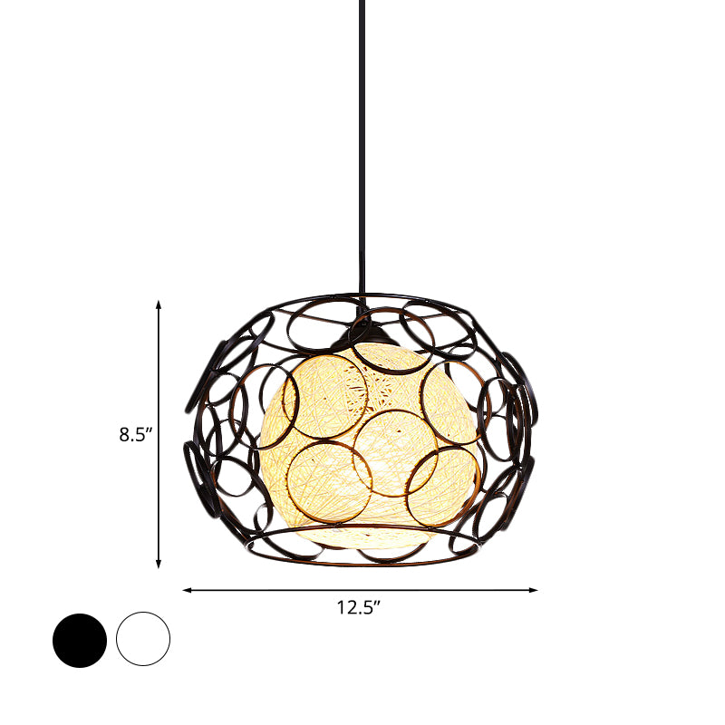 Global Metal Hanging Lamp Loft 1 Head Indoor Pendant Light Fixture with Wire Guard and Weave Ball Shade in White/Green, 10"/12.5" W Clearhalo 'Ceiling Lights' 'Modern Pendants' 'Modern' 'Pendant Lights' 'Pendants' Lighting' 1418319