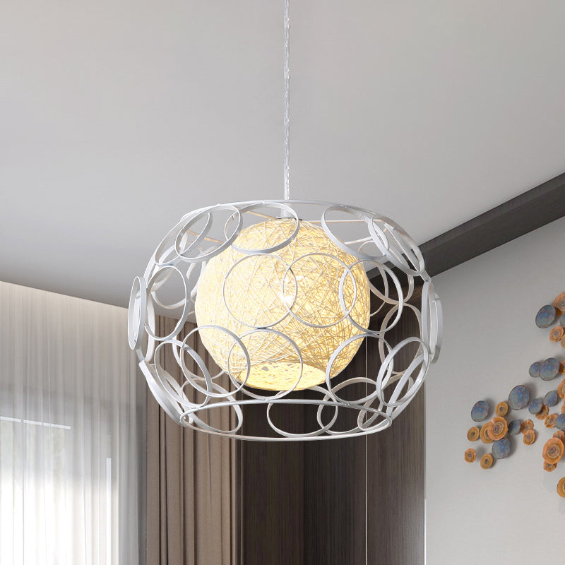 Global Metal Hanging Lamp Loft 1 Head Indoor Pendant Light Fixture with Wire Guard and Weave Ball Shade in White/Green, 10"/12.5" W White Clearhalo 'Ceiling Lights' 'Modern Pendants' 'Modern' 'Pendant Lights' 'Pendants' Lighting' 1418320