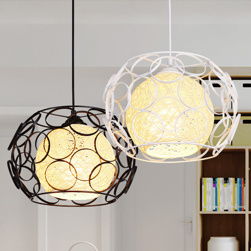 Global Metal Hanging Lamp Loft 1 Head Indoor Pendant Light Fixture with Wire Guard and Weave Ball Shade in White/Green, 10"/12.5" W Clearhalo 'Ceiling Lights' 'Modern Pendants' 'Modern' 'Pendant Lights' 'Pendants' Lighting' 1418321