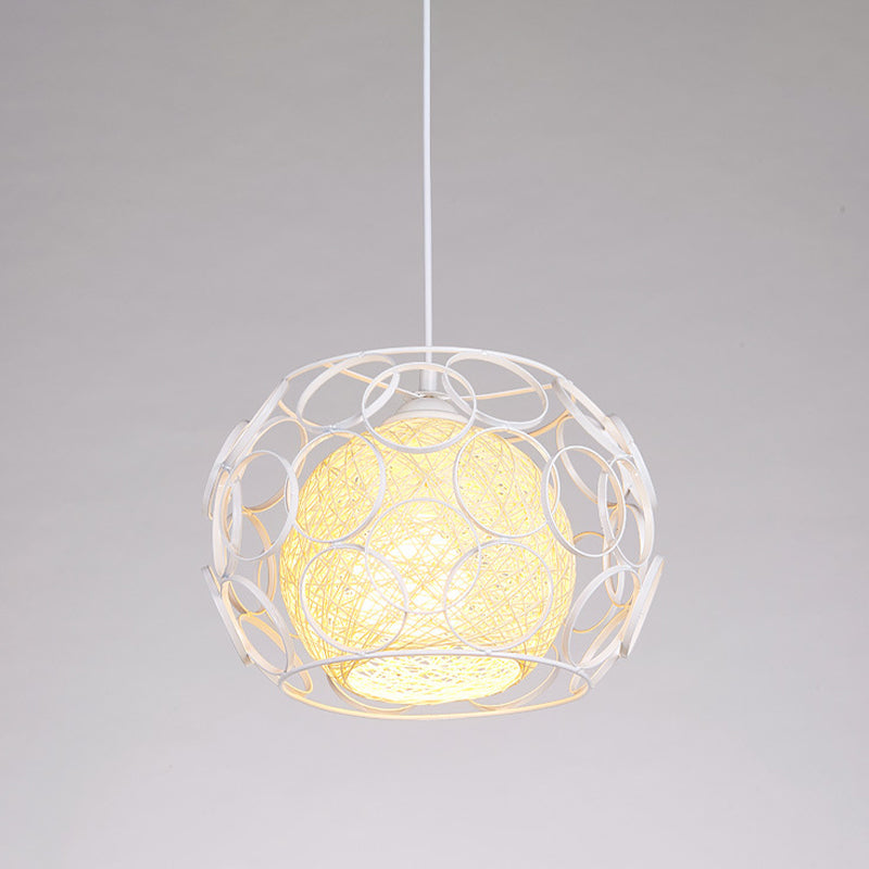 Global Metal Hanging Lamp Loft 1 Head Indoor Pendant Light Fixture with Wire Guard and Weave Ball Shade in White/Green, 10"/12.5" W Clearhalo 'Ceiling Lights' 'Modern Pendants' 'Modern' 'Pendant Lights' 'Pendants' Lighting' 1418322