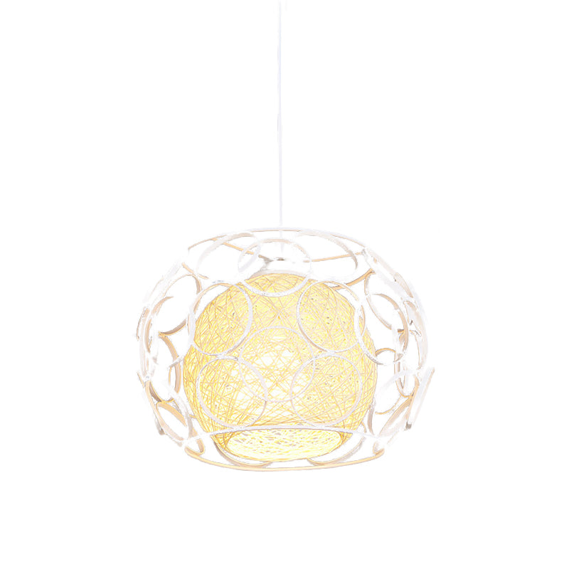 Global Metal Hanging Lamp Loft 1 Head Indoor Pendant Light Fixture with Wire Guard and Weave Ball Shade in White/Green, 10"/12.5" W Clearhalo 'Ceiling Lights' 'Modern Pendants' 'Modern' 'Pendant Lights' 'Pendants' Lighting' 1418323