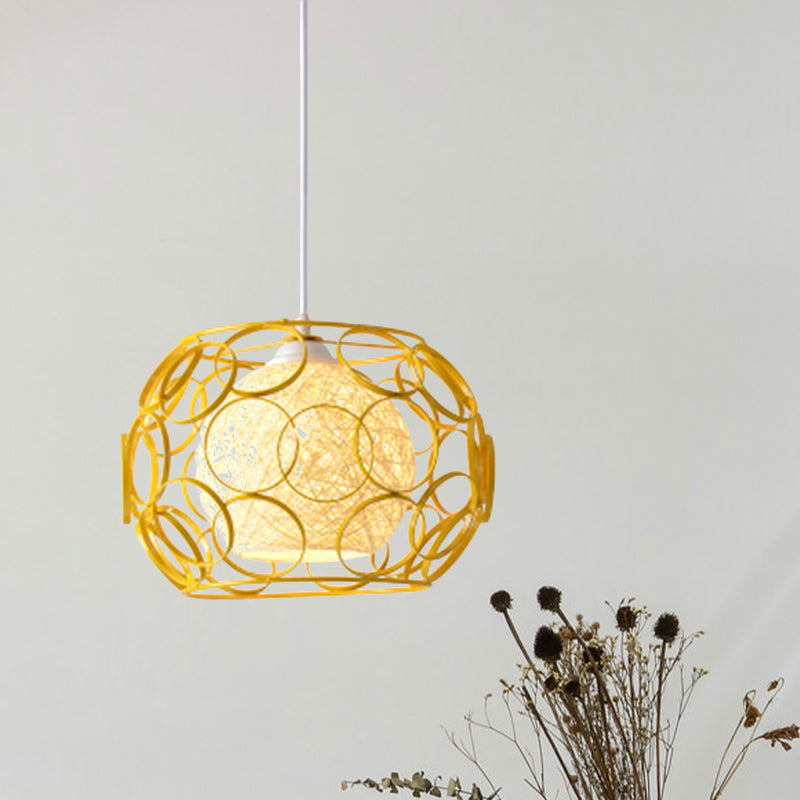 Global Metal Hanging Lamp Loft 1 Head Indoor Pendant Light Fixture with Wire Guard and Weave Ball Shade in White/Green, 10"/12.5" W Yellow 12" Clearhalo 'Ceiling Lights' 'Modern Pendants' 'Modern' 'Pendant Lights' 'Pendants' Lighting' 1418324