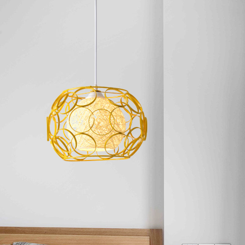 Global Metal Hanging Lamp Loft 1 Head Indoor Pendant Light Fixture with Wire Guard and Weave Ball Shade in White/Green, 10"/12.5" W Clearhalo 'Ceiling Lights' 'Modern Pendants' 'Modern' 'Pendant Lights' 'Pendants' Lighting' 1418325