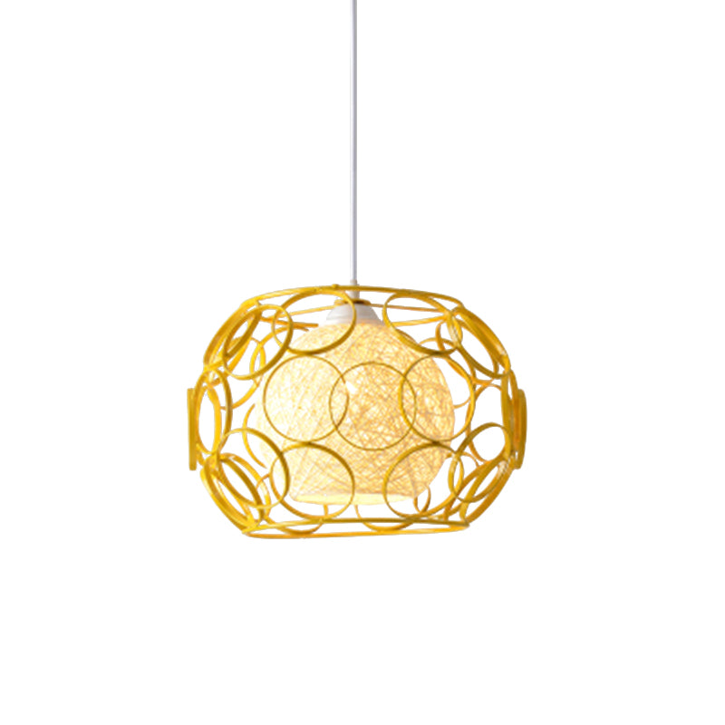 Global Metal Hanging Lamp Loft 1 Head Indoor Pendant Light Fixture with Wire Guard and Weave Ball Shade in White/Green, 10"/12.5" W Clearhalo 'Ceiling Lights' 'Modern Pendants' 'Modern' 'Pendant Lights' 'Pendants' Lighting' 1418326