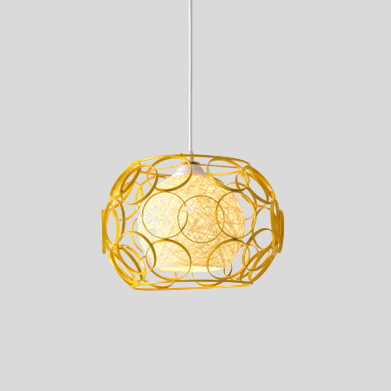 Global Metal Hanging Lamp Loft 1 Head Indoor Pendant Light Fixture with Wire Guard and Weave Ball Shade in White/Green, 10"/12.5" W Clearhalo 'Ceiling Lights' 'Modern Pendants' 'Modern' 'Pendant Lights' 'Pendants' Lighting' 1418327