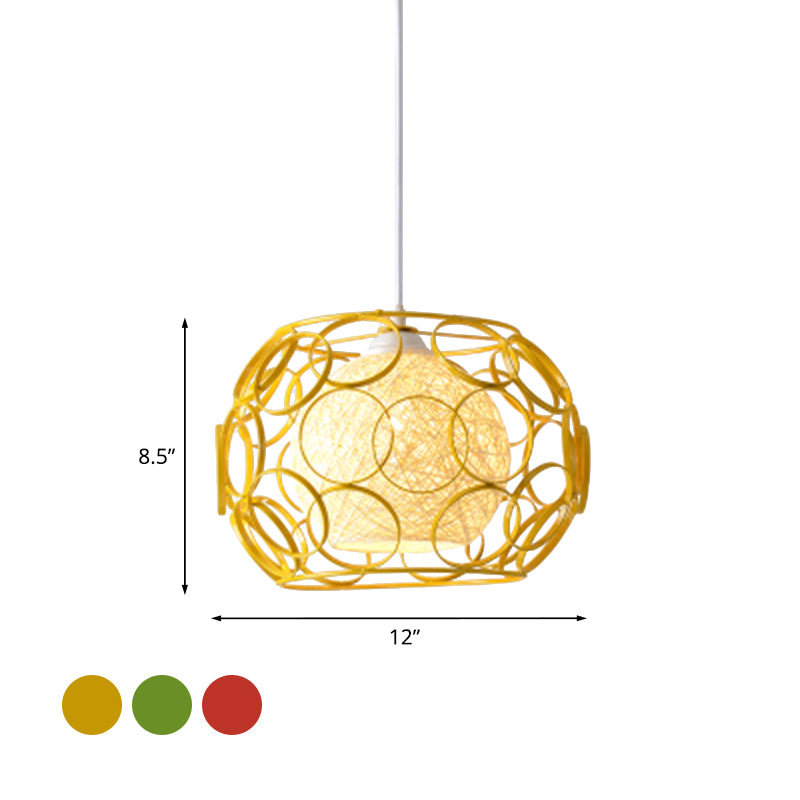 Global Metal Hanging Lamp Loft 1 Head Indoor Pendant Light Fixture with Wire Guard and Weave Ball Shade in White/Green, 10"/12.5" W Clearhalo 'Ceiling Lights' 'Modern Pendants' 'Modern' 'Pendant Lights' 'Pendants' Lighting' 1418328