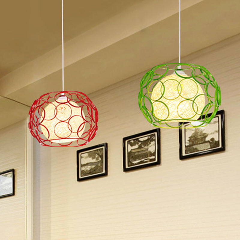 Global Metal Hanging Lamp Loft 1 Head Indoor Pendant Light Fixture with Wire Guard and Weave Ball Shade in White/Green, 10"/12.5" W Green 12" Clearhalo 'Ceiling Lights' 'Modern Pendants' 'Modern' 'Pendant Lights' 'Pendants' Lighting' 1418329