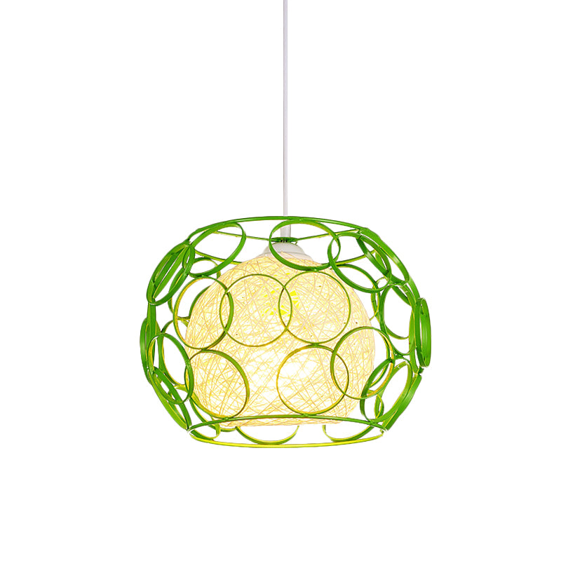 Global Metal Hanging Lamp Loft 1 Head Indoor Pendant Light Fixture with Wire Guard and Weave Ball Shade in White/Green, 10"/12.5" W Clearhalo 'Ceiling Lights' 'Modern Pendants' 'Modern' 'Pendant Lights' 'Pendants' Lighting' 1418331