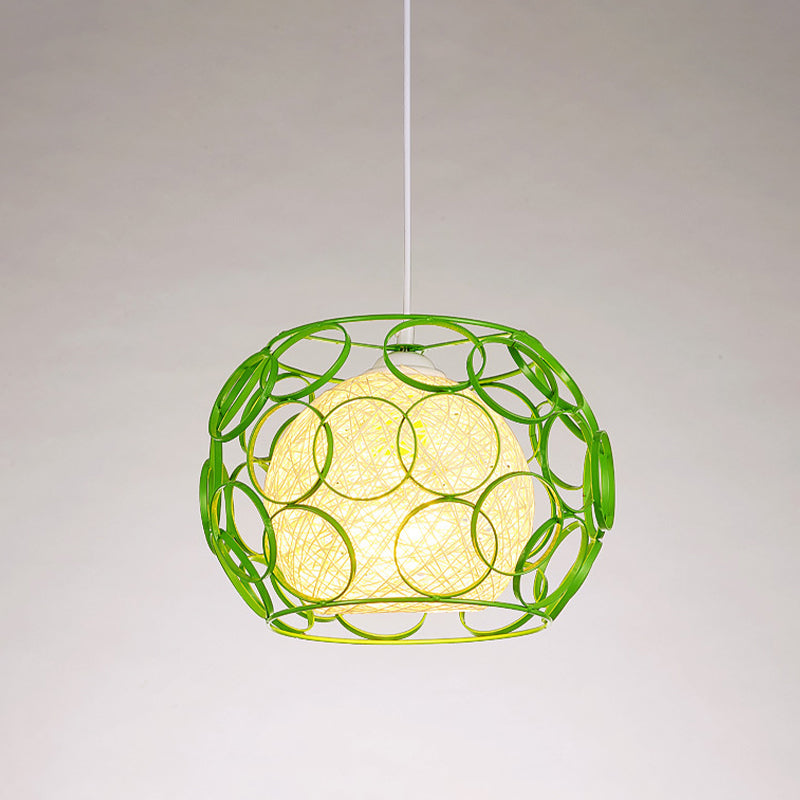 Global Metal Hanging Lamp Loft 1 Head Indoor Pendant Light Fixture with Wire Guard and Weave Ball Shade in White/Green, 10"/12.5" W Clearhalo 'Ceiling Lights' 'Modern Pendants' 'Modern' 'Pendant Lights' 'Pendants' Lighting' 1418332