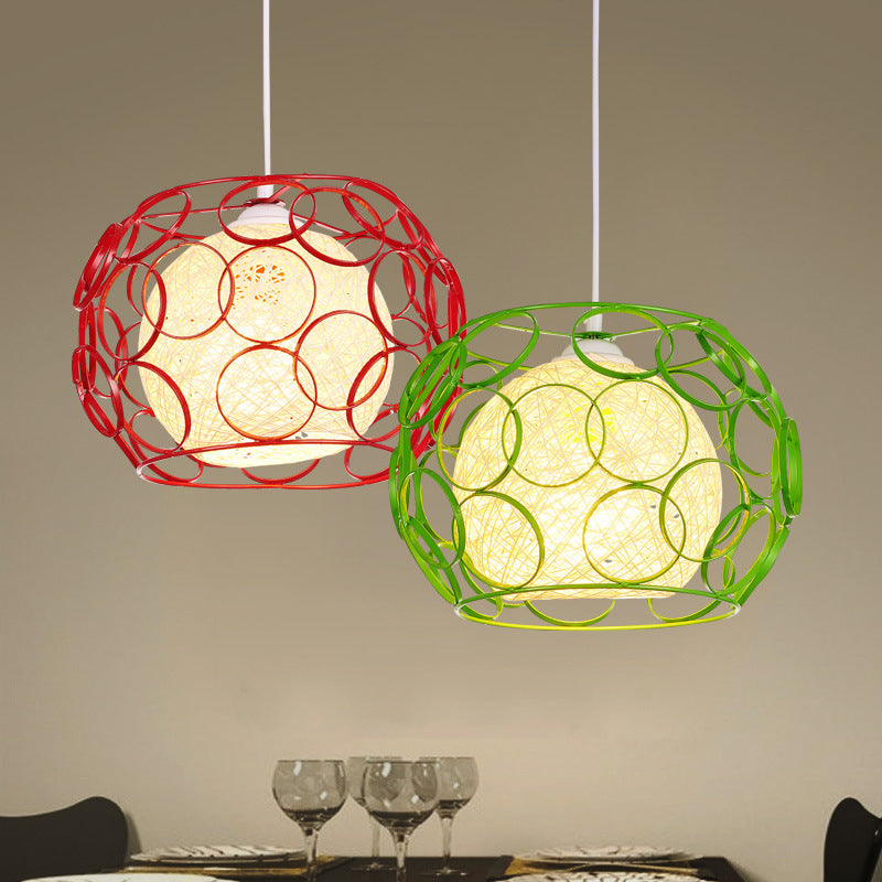 Global Metal Hanging Lamp Loft 1 Head Indoor Pendant Light Fixture with Wire Guard and Weave Ball Shade in White/Green, 10"/12.5" W Red 12" Clearhalo 'Ceiling Lights' 'Modern Pendants' 'Modern' 'Pendant Lights' 'Pendants' Lighting' 1418333