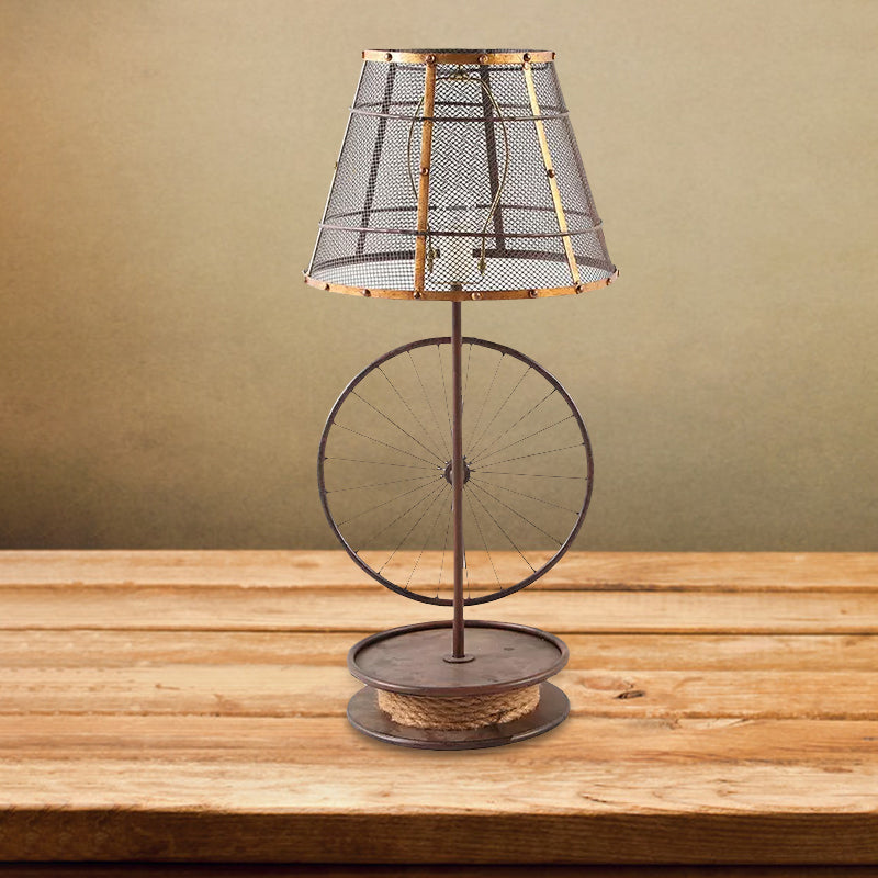 Lodge Stylish Mesh Cone Shade Table Lamp 1 Bulb Iron Desk Light with Wheel Deco in Bronze for Indoor Clearhalo 'Lamps' 'Table Lamps' Lighting' 1418351