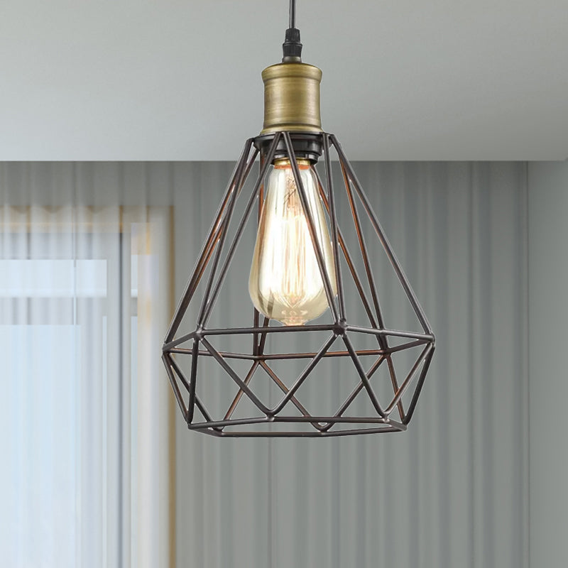 Retro Diamond Cage Pendant Light 1 Bulb Iron Hanging Lamp in Brass/Antique Brass for Living Room Clearhalo 'Art Deco Pendants' 'Cast Iron' 'Ceiling Lights' 'Ceramic' 'Crystal' 'Industrial Pendants' 'Industrial' 'Metal' 'Middle Century Pendants' 'Pendant Lights' 'Pendants' 'Tiffany' Lighting' 1418352