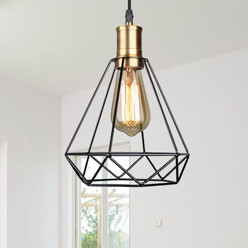 Retro Diamond Cage Pendant Light 1 Bulb Iron Hanging Lamp in Brass/Antique Brass for Living Room Clearhalo 'Art Deco Pendants' 'Cast Iron' 'Ceiling Lights' 'Ceramic' 'Crystal' 'Industrial Pendants' 'Industrial' 'Metal' 'Middle Century Pendants' 'Pendant Lights' 'Pendants' 'Tiffany' Lighting' 1418353