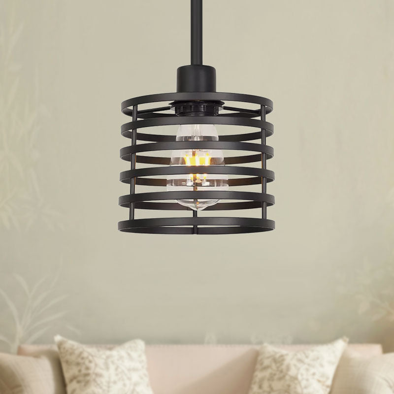 Vintage Style Wire Cage Hanging Lamp 1 Bulb Metallic Pendant Light with Cylindrical Shade in Black/Brass Clearhalo 'Art Deco Pendants' 'Black' 'Cast Iron' 'Ceiling Lights' 'Ceramic' 'Crystal' 'Industrial Pendants' 'Industrial' 'Metal' 'Middle Century Pendants' 'Pendant Lights' 'Pendants' 'Rustic Pendants' 'Tiffany' Lighting' 1418354
