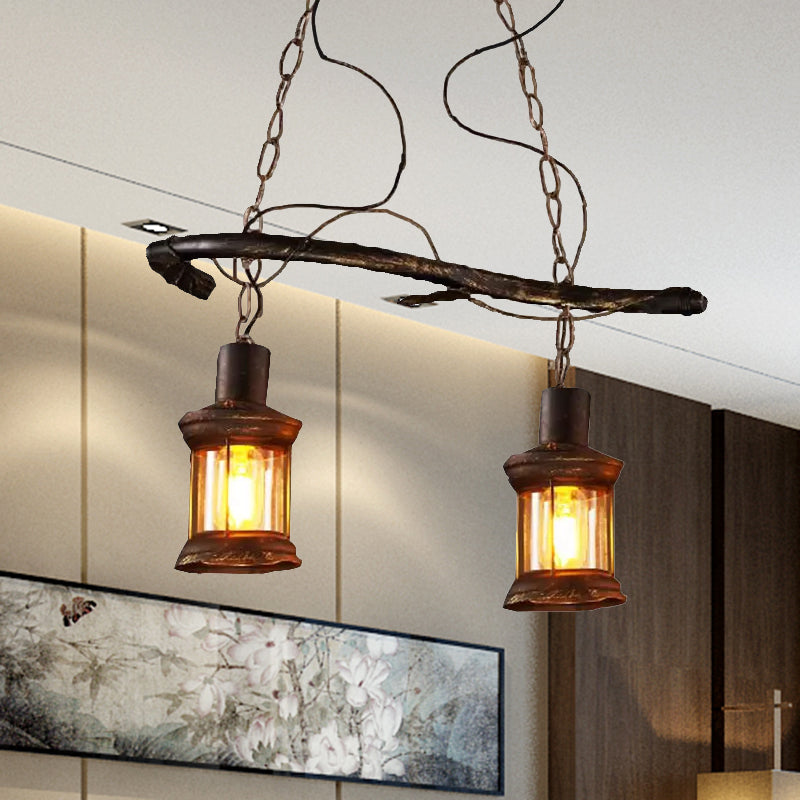 2 Lights Island Lamp Rustic Kerosene Clear Glass Hanging Lighting in Antique Brass for Coffee Shop Clearhalo 'Ceiling Lights' 'Island Lights' Lighting' 1418362