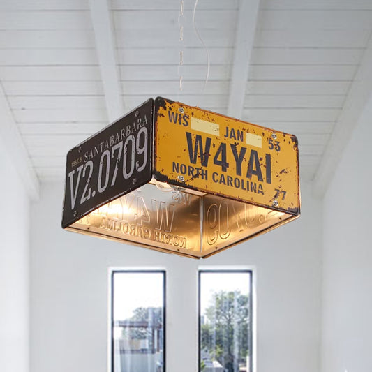 Metal Box Hanging Lamp Three-light Vintage Chandeliers in Black and Yellow for Bistro Clearhalo 'Ceiling Lights' 'Chandeliers' Lighting' options 1418364