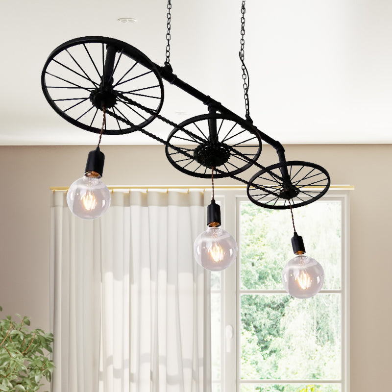 Black 1 Light Island Light Vintage Industrial Wrought Iron Wheel Design Hanging Lamp for Living Room Clearhalo 'Ceiling Lights' 'Island Lights' Lighting' 1418388