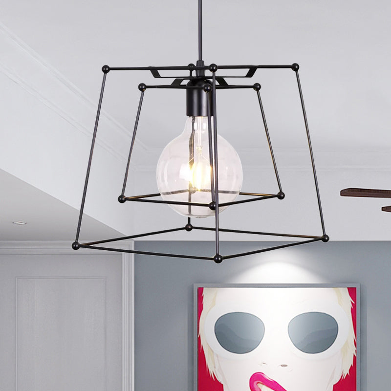 1 Head Metal Pendant Light Industrial Black Trapezoid Cage Shade Living Room Hanging Lamp Clearhalo 'Ceiling Lights' 'Modern Pendants' 'Modern' 'Pendant Lights' 'Pendants' Lighting' 1418496