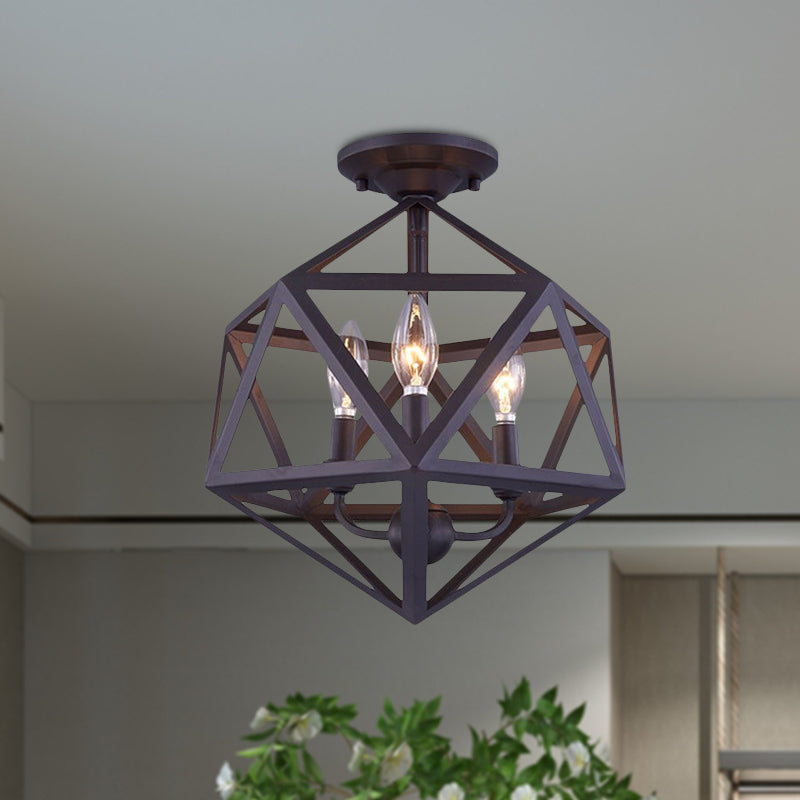 Prism Cage Metallic Semi Flush Light Fixture Industrial Style 3 Bulbs Corridor Ceiling Lamp in Bronze Clearhalo 'Ceiling Lights' 'Close To Ceiling Lights' 'Close to ceiling' 'Semi-flushmount' Lighting' 1418537