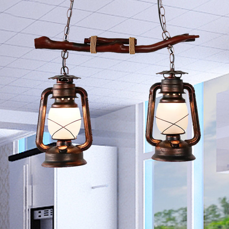 2-Light Lantern Island Lamp Vintage Aged Copper Opal Glass Pendant Light Fixture for Dining Room Clearhalo 'Ceiling Lights' 'Island Lights' Lighting' 1418539