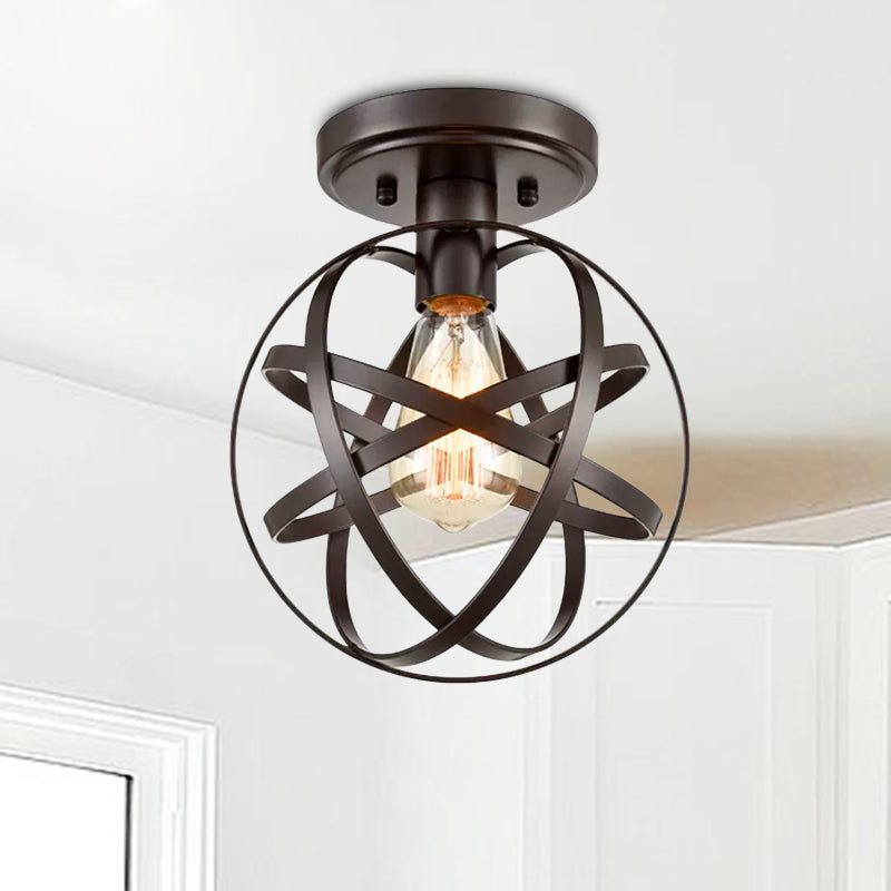 Iron Bronze Ceiling Light Fixture Strap Globe 1 Head Retro Stylish Semi Flush Mount Lighting for Hallway Clearhalo 'Ceiling Lights' 'Close To Ceiling Lights' 'Close to ceiling' 'Semi-flushmount' Lighting' 1418557