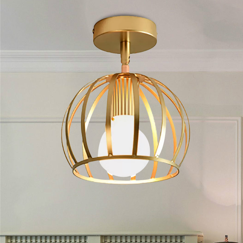 Global/Triangle Metallic Semi Flush Mount Light with Wire Frame Industrial 1 Head Bedroom Ceiling Lamp in Brass Clearhalo 'Ceiling Lights' 'Close To Ceiling Lights' 'Close to ceiling' 'Semi-flushmount' Lighting' 1418558