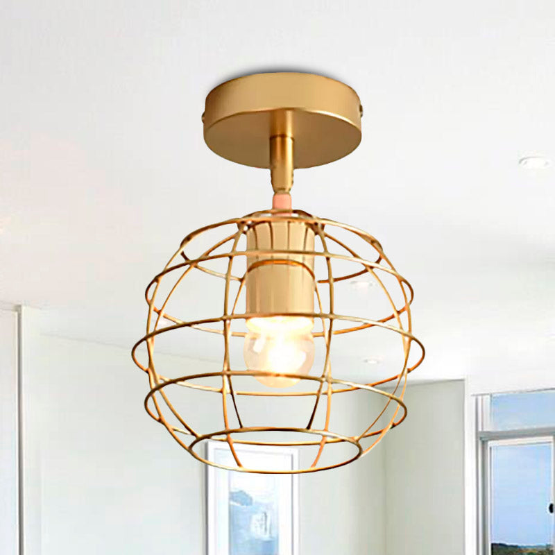 Global/Triangle Metallic Semi Flush Mount Light with Wire Frame Industrial 1 Head Bedroom Ceiling Lamp in Brass Clearhalo 'Ceiling Lights' 'Close To Ceiling Lights' 'Close to ceiling' 'Semi-flushmount' Lighting' 1418559