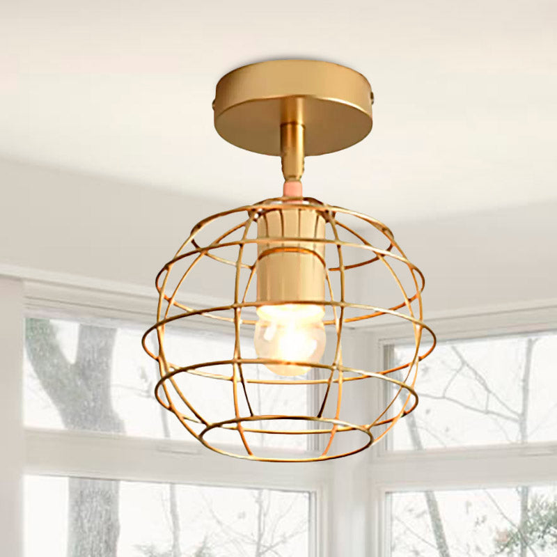 Global/Triangle Metallic Semi Flush Mount Light with Wire Frame Industrial 1 Head Bedroom Ceiling Lamp in Brass Clearhalo 'Ceiling Lights' 'Close To Ceiling Lights' 'Close to ceiling' 'Semi-flushmount' Lighting' 1418560