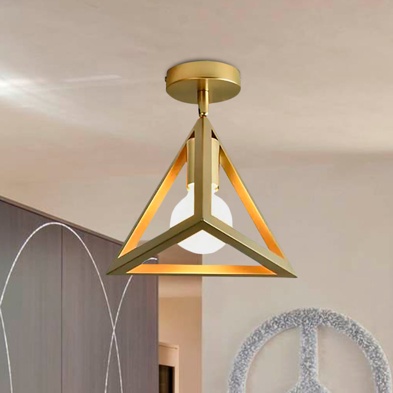 Global/Triangle Metallic Semi Flush Mount Light with Wire Frame Industrial 1 Head Bedroom Ceiling Lamp in Brass Clearhalo 'Ceiling Lights' 'Close To Ceiling Lights' 'Close to ceiling' 'Semi-flushmount' Lighting' 1418561