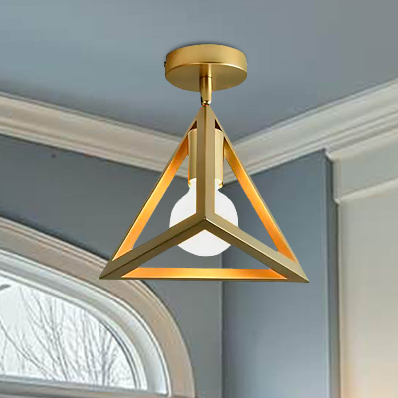 Global/Triangle Metallic Semi Flush Mount Light with Wire Frame Industrial 1 Head Bedroom Ceiling Lamp in Brass Clearhalo 'Ceiling Lights' 'Close To Ceiling Lights' 'Close to ceiling' 'Semi-flushmount' Lighting' 1418562