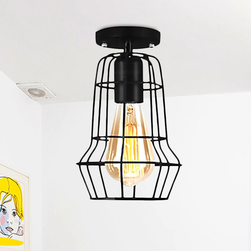 Global/Barrel Iron Semi Flush Mount with Wire Guard Farmhouse Style 1 Light Coffee Shop Ceiling Light in Black Clearhalo 'Ceiling Lights' 'Close To Ceiling Lights' 'Close to ceiling' 'Semi-flushmount' Lighting' 1418584