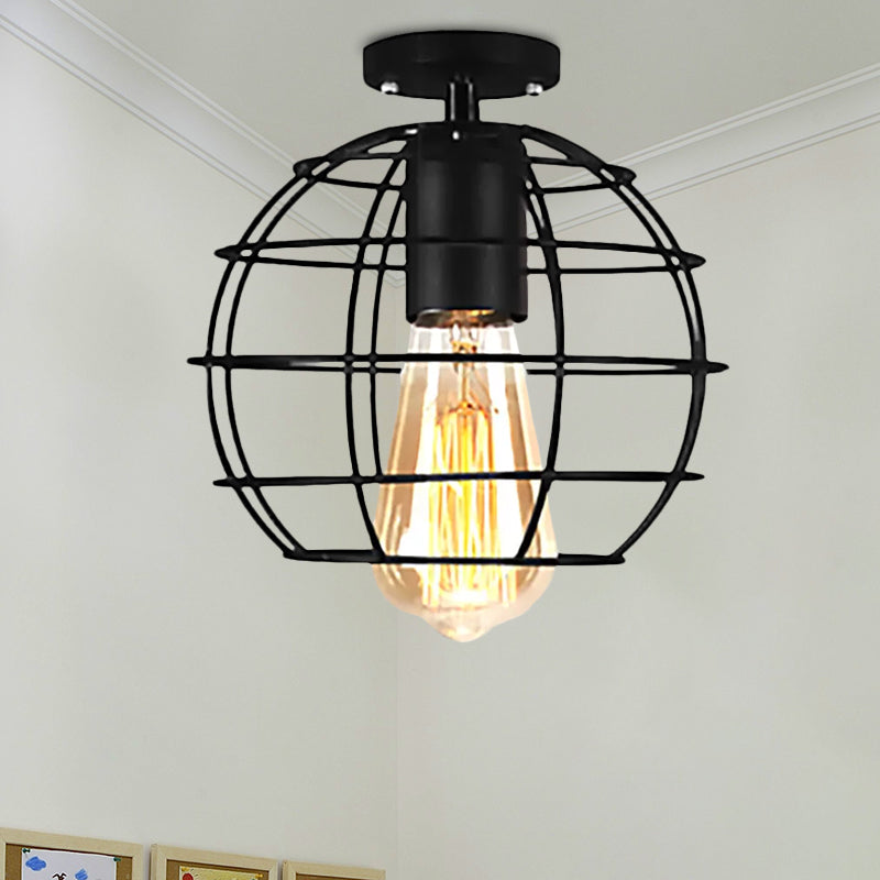 Global/Barrel Iron Semi Flush Mount with Wire Guard Farmhouse Style 1 Light Coffee Shop Ceiling Light in Black Clearhalo 'Ceiling Lights' 'Close To Ceiling Lights' 'Close to ceiling' 'Semi-flushmount' Lighting' 1418585