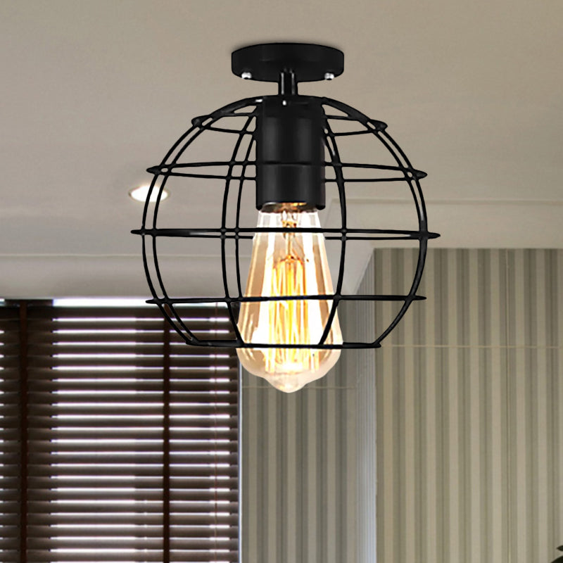 Global/Barrel Iron Semi Flush Mount with Wire Guard Farmhouse Style 1 Light Coffee Shop Ceiling Light in Black Clearhalo 'Ceiling Lights' 'Close To Ceiling Lights' 'Close to ceiling' 'Semi-flushmount' Lighting' 1418586