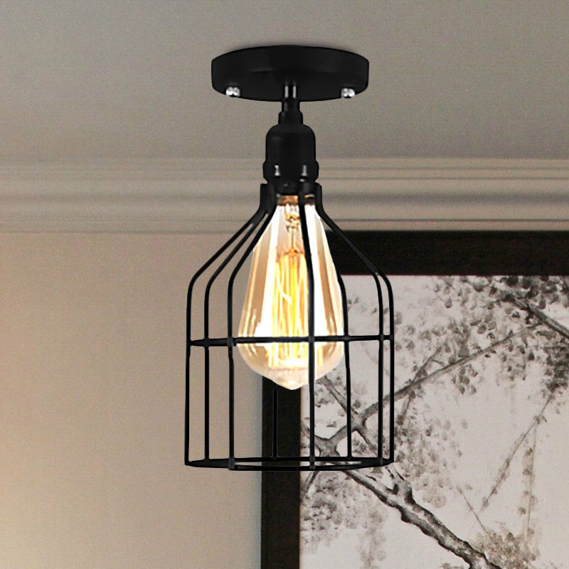 Global/Barrel Iron Semi Flush Mount with Wire Guard Farmhouse Style 1 Light Coffee Shop Ceiling Light in Black Clearhalo 'Ceiling Lights' 'Close To Ceiling Lights' 'Close to ceiling' 'Semi-flushmount' Lighting' 1418587