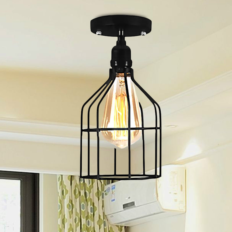 Global/Barrel Iron Semi Flush Mount with Wire Guard Farmhouse Style 1 Light Coffee Shop Ceiling Light in Black Clearhalo 'Ceiling Lights' 'Close To Ceiling Lights' 'Close to ceiling' 'Semi-flushmount' Lighting' 1418588