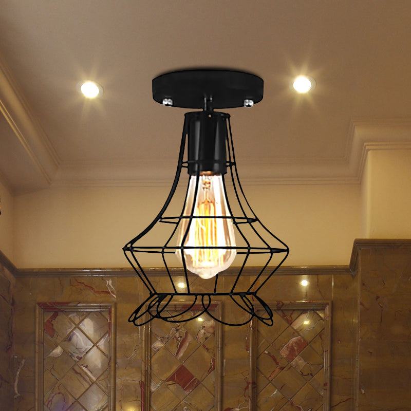 Global/Barrel Iron Semi Flush Mount with Wire Guard Farmhouse Style 1 Light Coffee Shop Ceiling Light in Black Clearhalo 'Ceiling Lights' 'Close To Ceiling Lights' 'Close to ceiling' 'Semi-flushmount' Lighting' 1418589